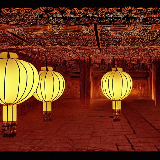 Prompt: concept art, lotus lanterns on the eve of ullambana festival, high resolution, cave temples of dunhuang - style, artstation