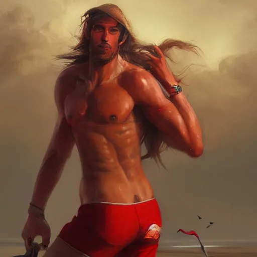 Image similar to beautiful commission of a male anthropomorphic horse wearing red shorts on the beach,digital art,art by greg rutkowski,ross tran,professional character design,artstation,deviantart,photorealistoc,hyperdetailed,detailed face,high resolution,high quality