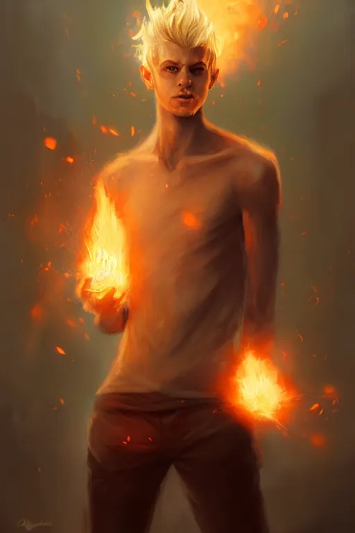 Prompt: character art by bastien lecouffe - deharme, young man, blonde hair, on fire, fire powers