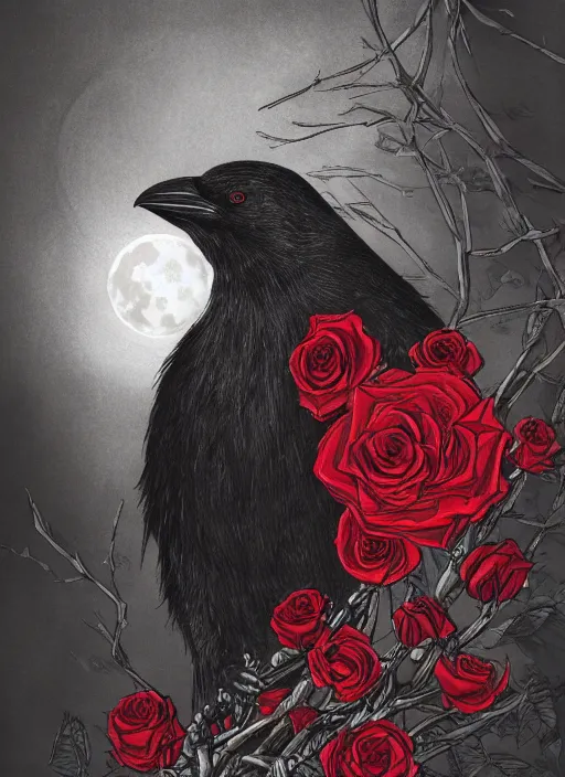 Image similar to portrait, A crow with red eyes in front of the full big moon, book cover, red roses, red white black colors, establishing shot, extremly high detail, foto realistic, cinematic lighting, pen and ink, intricate line drawings, by Yoshitaka Amano, Ruan Jia, Kentaro Miura, Artgerm, post processed, concept art, artstation, matte painting, style by eddie mendoza, raphael lacoste, alex ross