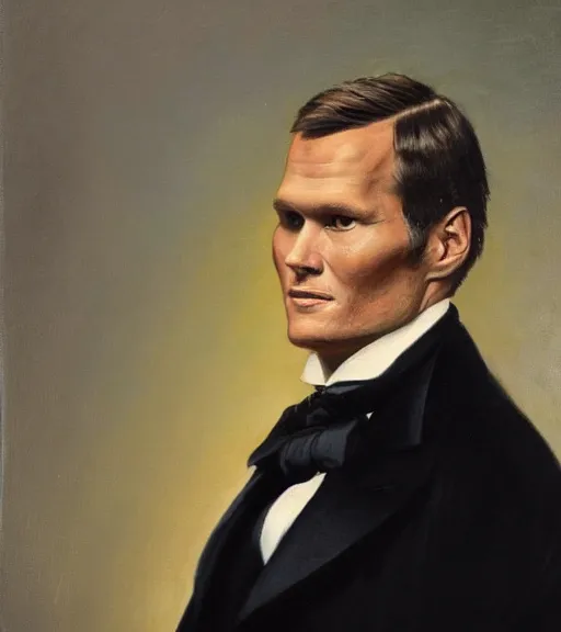 Prompt: official side portrait of united states president tom brady!, elderly, in a black suit, 1 8 6 8, a character portrait by cassius marcellus coolidge, reddit contest winner, american romanticism, oil on canvas, detailed painting, creative commons attribution