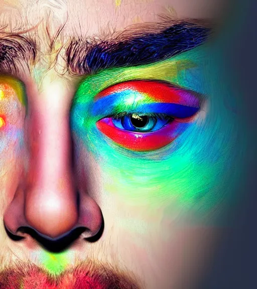 Image similar to photo realistic digital art of the most handsome young man in the world, he is seductive, beautiful and has multicoloured eyes that shine. very colourful background