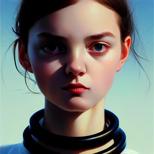 Prompt: a girl wearing collar around neck, looking at the camera, beautiful and aesthetic, close up, bitter, dramatic pose, intricate, highly detailed, detailed face, smooth, sharp focus, specular light, occlusion shadow, rim light, artgerm, artstation, art by greg rutkowski and ilya kuvshinov and salvador dali, fantasy illustration