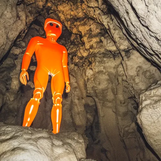 Image similar to photo of a giant orange colored glowing transparent humanoid of one thousand feet of height standing next to a building inside a cave