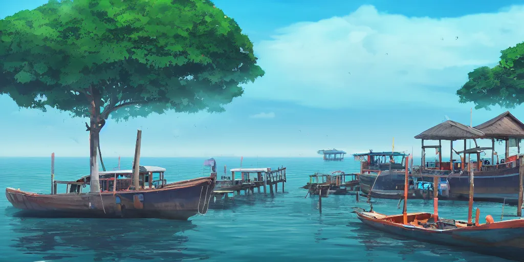 Image similar to pulau indah jetty fishing town in the morning, detailed matte painting, low angle view, telephoto lens, bokeh, studio ghibli, artstation