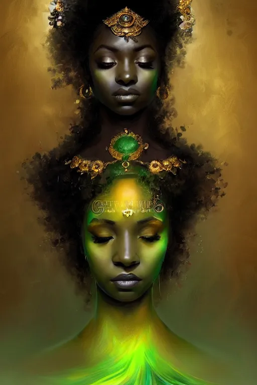 Image similar to portrait of a black princess warrior , fantasy, gradient black green gold, dreamy and ethereal, green eyes, golden ratio, peaceful expression, ornate frilly dress, fantasy, intricate, elegant, rainbow splash of ink, highly detailed, digital painting, artstation, concept art, smooth,b sharp focus, illustration, art by artgerm and greg rutkowski and alphonse mucha