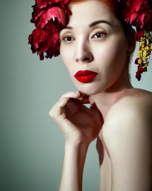 Image similar to Portrait of a woman, close-up, high sharpness, zeiss lens, fashion photo shoot, peony flowers, red hair, red lipstick, in the background of gold, they have rhinestones on their face, Edward Buba, Annie Leibovitz and Steve McCurry, David Lazar, Jimmy Nelsson, Eiko Hosoe, artistic, hyper-realistic, beautiful face, octane rendering