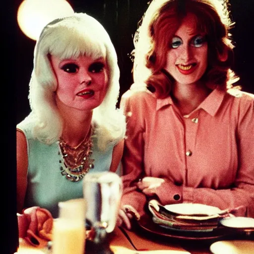 Image similar to 1976 color archival photo of a glamorous woman in a dress, and her friend, who looks like Caspar the Friendly Ghost, in a sidewalk cafe, 16mm film soft color, earth tones and soft color 1976, live-action archival footage, in style of doris wishman russ meyer, woman looks like young mia farrow