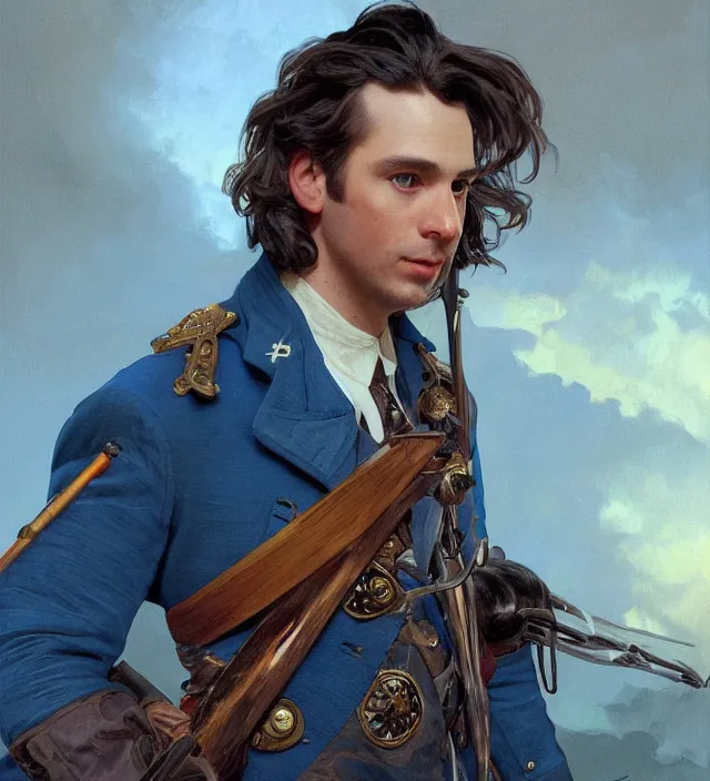 Prompt: candid portrait of a man with brown wavy hair and glowing blue eyes, surrounded by blue aura, wearing a blue traditional colonial military jacket, intricate, holding a spear, highly detailed, digital painting, artstation, concept art, sharp focus, cinematic lighting, illustration, art by artgerm and greg rutkowski, alphonse mucha, cgsociety