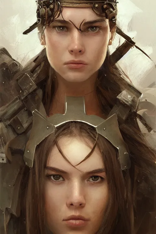 Image similar to a photorealistic painting of an attractive young girl, partially clothed in battle armor, olive skin, long dark hair, beautiful bone structure, symmetrical face, perfect eyes, intricate, elegant, digital painting, concept art, illustration, sharp focus, minimal artifacts, from Metal Gear, in the style of Ruan Jia and Mandy Jurgens, by Greg Rutkowski, trending on Artstation, award winning