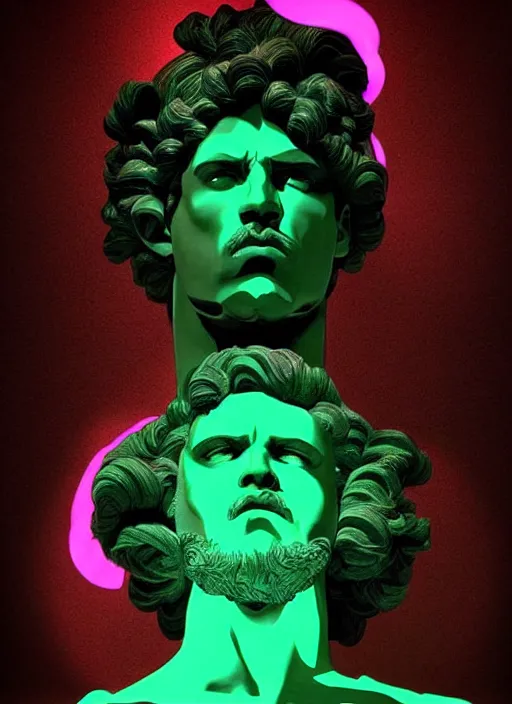 Prompt: statue of hercules looking angry, beeple, vaporwave, retrowave, black background, neon, black, glitch, strong contrast, neon wiring, cuts, american gods intro, pinterest, trending on artstation