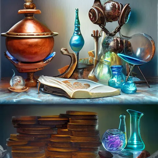 Image similar to hyper real, table, wizards laboratory, lisa parker, tony sart, mortar, pestle, scales, energy flowing, magic book, beakers of colored liquid