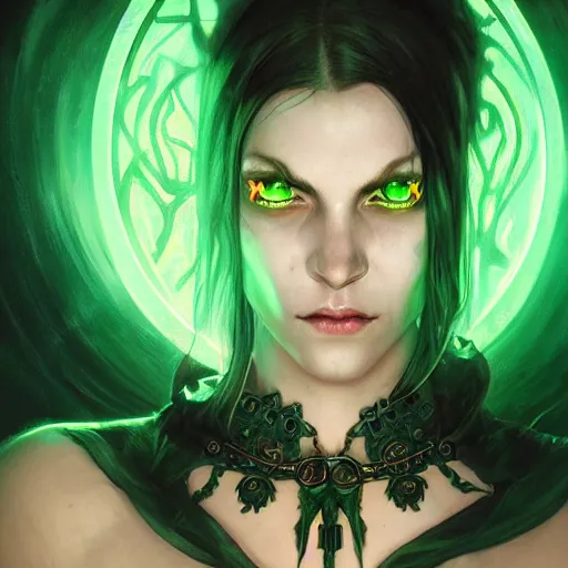 Prompt: portrait of a evil necromancer with green glowing eyes, D&D, fantasy, intricate, elegant, highly detailed, digital painting, artstation, concept art, smooth, sharp focus, illustration, art by artgerm and greg rutkowski and alphonse mucha