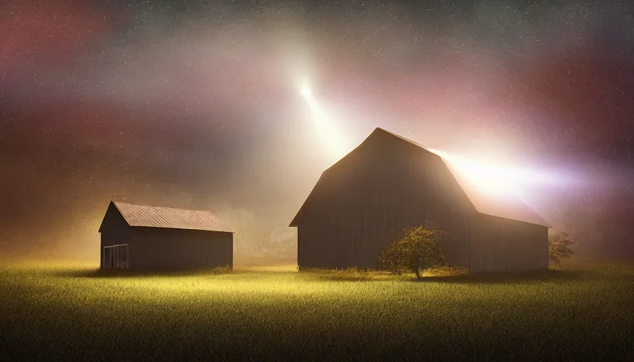 Image similar to a ufo emitting a beam of light floats over a barn with a broken roof, debris is ascending toward the ufo, volumetric lighting, night, photorealistic rendering, color palette, 8 k, hyperdetailed