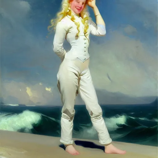 Prompt: painting of a cute albino female sailor woman with broad shoulders, flowing white hair, and a confident smile, ocean background. painting by john singer sargent and ivan aivazovsky, 4 k hd artstation