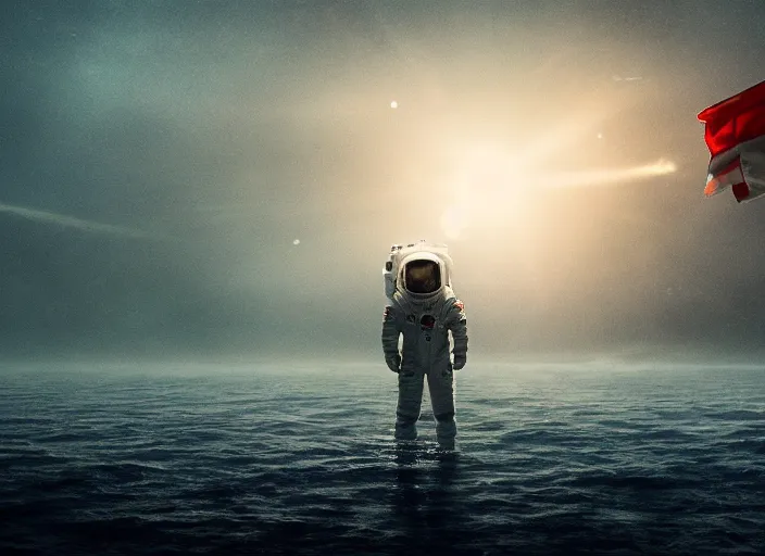 Image similar to astronaut holding a flag in an underwater desert. a submarine is visible in the distance. dark, concept art, cinematic, dramatic, atmospheric, 8 k, trending on artstation, blue, fish, low visibility, fog, ocean floor, christopher nolan, interstellar