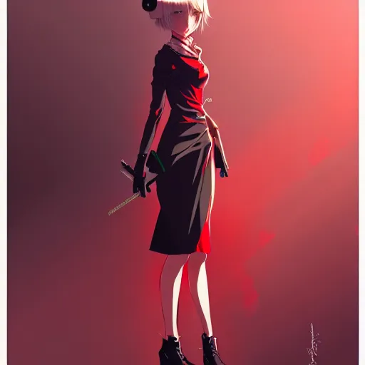 Image similar to elegent girl with gray hair and green eyes, wearing a red and black color dress, in the style of and ilya kuvshinov and greg rutkowski, high quality anime artstyle, intricate