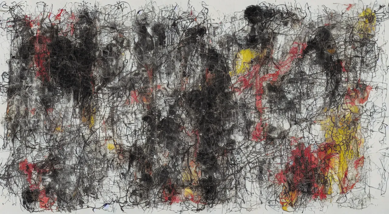 Prompt: palimpsest with mixed media artwork with asemic writing, crayon lines, ink flourishes, pencil marks, calligraphic poetry, charcoal smudges, fragmented typography, in the style of Cy Twombly,