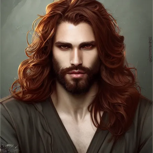 Image similar to portrait of a man - wolf, male, handsome, masculine, full body, red hair, long hair, soft hair, fantasy, intricate, elegant, highly detailed, suit, coffee shop, digital painting, artstation, concept art, character art, smooth, sharp focus, illustration, art by artgerm and greg rutkowski and alphonse mucha