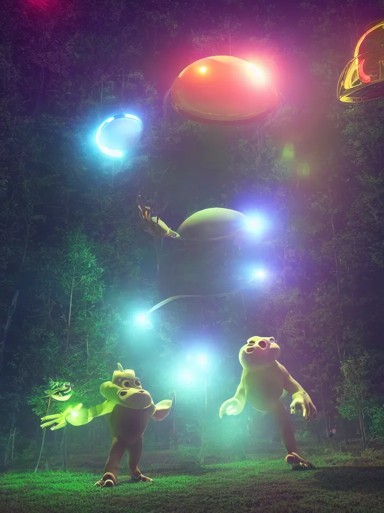 Image similar to its midnight and Bigfoot is engulfed in light while being abducted by a flying saucer with multi-colored lights, cinematic, hyper realism, high detail, bright lights, octane render, 8k