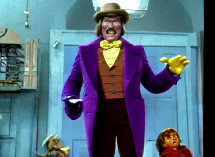 Image similar to film still of thanos as willy wonka in willy wonka and the chocolate factory 1 9 7 1