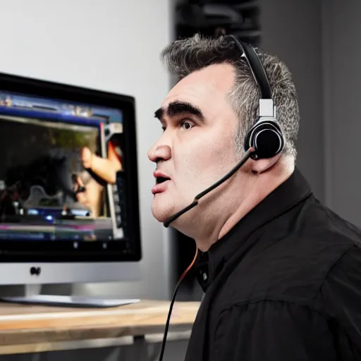 Image similar to obese Morrissey wearing a headset yelling at his monitor while playing WoW highly detailed wide angle lens 10:9 aspect ration award winning photography erasure head