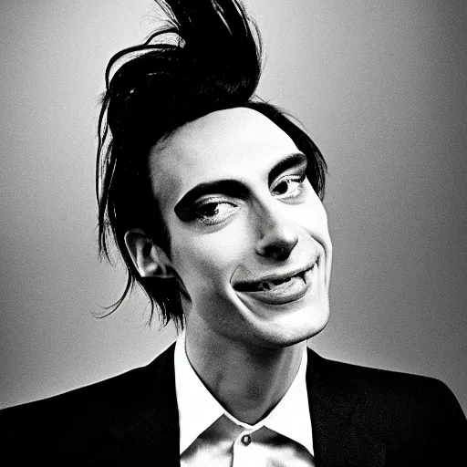 Image similar to A photgraphic portrait of the character, Desire, a tall, smiling androgyne with black hair and a grey pinstripe suit, studio lighting, medium shot, Life Magazine, 1978, Vertigo Comics, The Sandman written by Neil Gaiman, against a stormy sky