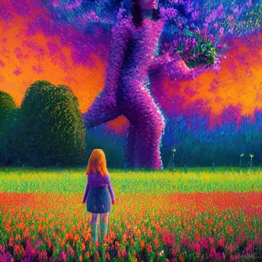 Image similar to girl merging with flower, standing in a flower field, big trees, sunrise dramatic light, impressionist painting, colorful clouds, digital painting, pointillism, artstation, simon stalenhag