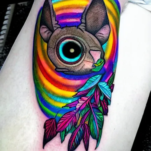 Image similar to shoulder tattoo of a multicolored trippy furry cute bushbaby with rainbow colored spiral eyes, surrounded with colorful marihuana leaves, insanely integrate