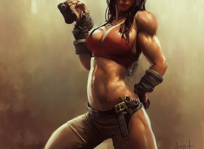 Image similar to portrait of lara croft as a beautiful female bodybuilder demon with plump lips, elegant, fantasy, hd shot, digital portrait, beautiful, artstation, comic style, by artgerm, guy denning, jakub rozalski, magali villeneuve and charlie bowater