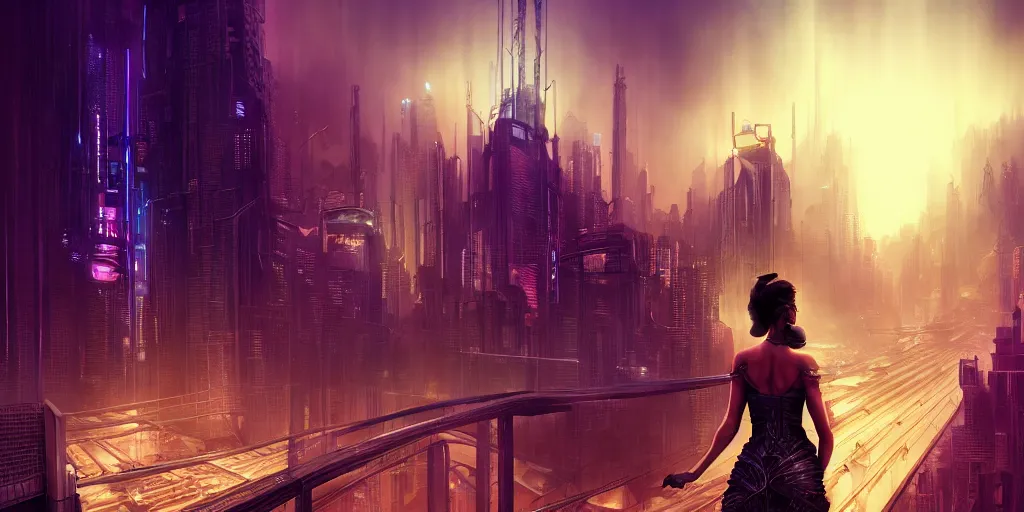 Image similar to silhouette of a woman standing on a bridge overlooking an axonometric cyberpunk city, by Rolf Armstrong and Evelyn De Morgan and Bastien Lecouffe-Deharme, dramatic lighting, high contrast colors, baroque, empyrean, panoramic view, as trending on Artstation, highly detailed, cryengine,