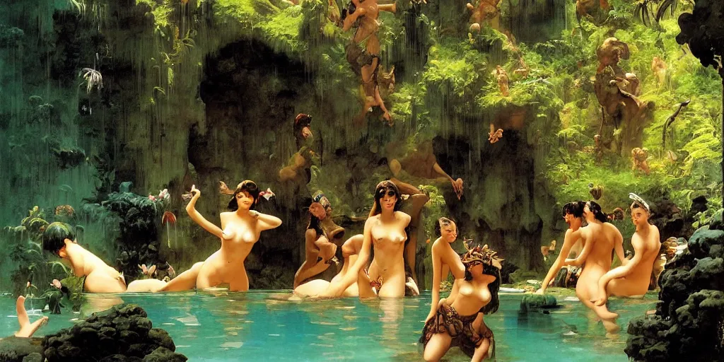 Prompt: a tropical cave that renovate as a luxury interior as a harem of beautiful women bathe in the waters and surround our protagonist by syd mead, frank frazetta, ken kelly, simon bisley, richard corben, william - adolphe bouguereau, flat lighting