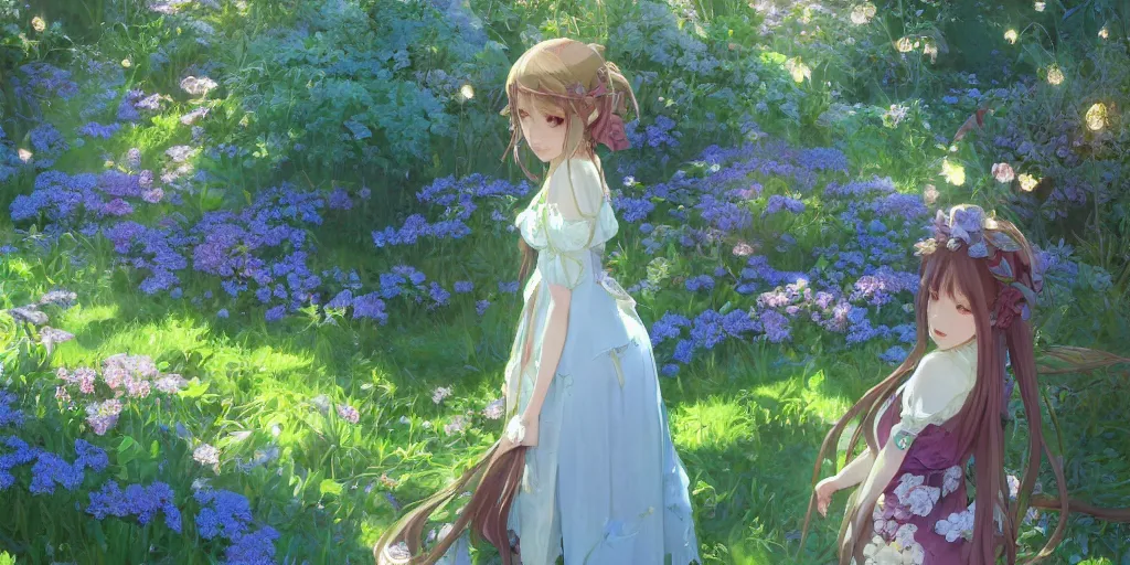 Image similar to a digital art of a loli with long hair in a dress in the privet garden at after noon, green and warm theme, blue flowers accents, back lighting, by krenz cushart and mucha and akihito yoshida and greg rutkowski and makoto shinkai, highly detailed, 4 k resolution, trending on art station