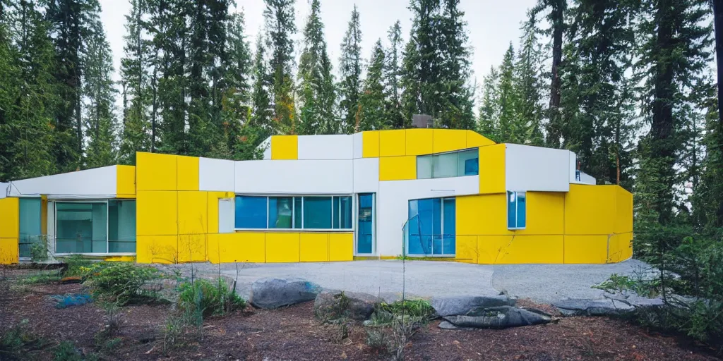 Prompt: large futuristic residence, white concrete, blue and yellow metal, many large green windows, pacific northwest, geodesic elements