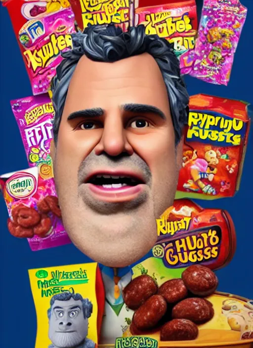 Prompt: hyperrealistic mark ruffalo on a cereal box with a trippy surrealist mark ruffalo portrait with big fat sausages and dart boards by aardman animation and Kotobukiya