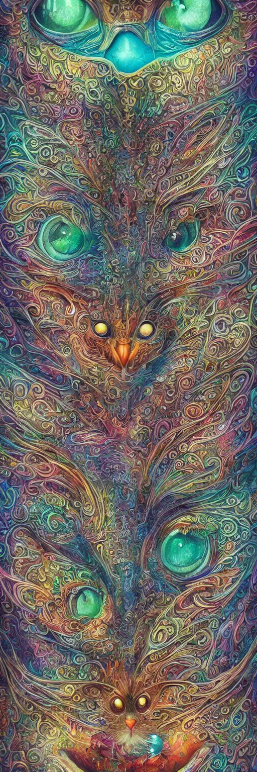 Image similar to psychedelic cat owl figure by naoto hattori, android jones and chris dyer, depth of field, intricate beautiful painting, billions of details, octane render, trending on artstation