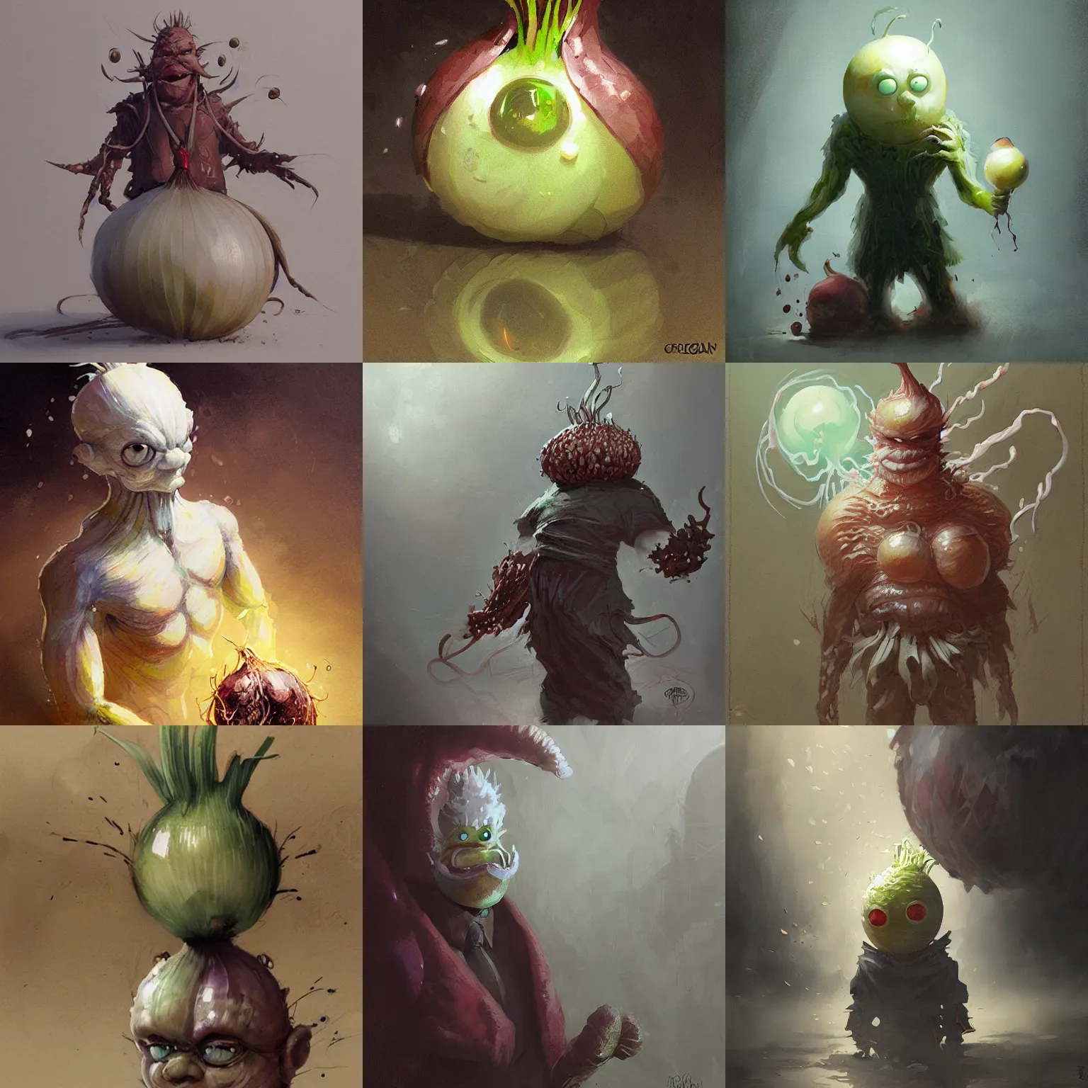 Prompt: onion man by greg rutkowski, style of yoshitaka amano