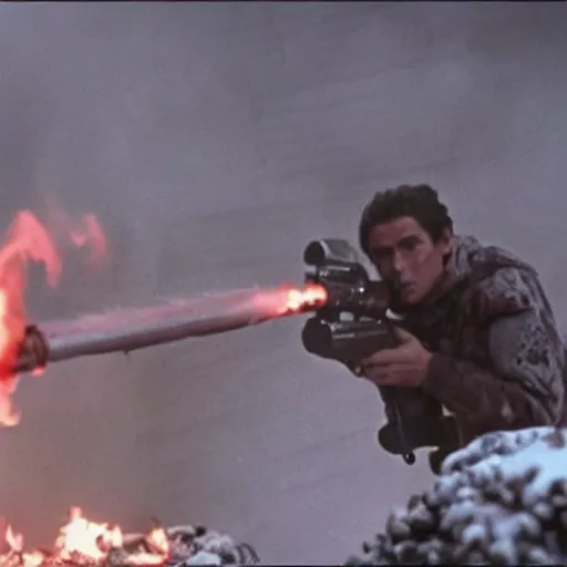 Prompt: movie still of cristiano ronaldo with a flamethrower in the thing (1982), john carpenter, cinematic,