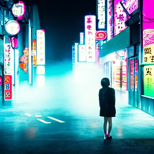 Image similar to a dramatic colorful fujifilm vaporwave photograph of a young japanese girl\'s silhouette standing in the middle of a tranquil nighttime tokyo street. neon signs light the fog with volumetric rays.