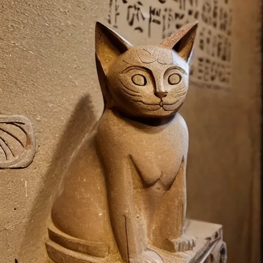 Image similar to beautiful egyptian carved statue of a cat sitting inside of a temple with hieroglyphics on the walls