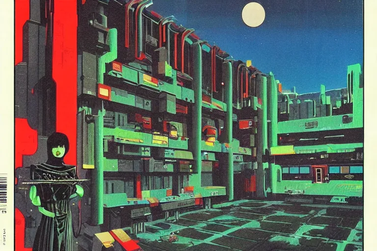 Image similar to 1979 OMNI Magazine Cover depicting a monestary. Cyberpunk Akira style by Vincent Di Fate