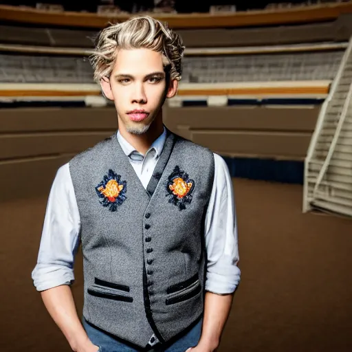 Image similar to Portrait photo of adult Austin Butler with exposed dark-hair head, dressed in grey-prussian blue Tudoresque-Gigeresque casual garb, and griffin-embroidered nanocarbon-vest, in an arena in Dune 2021, XF IQ4, f/1.4, ISO 200, 1/160s, 8K