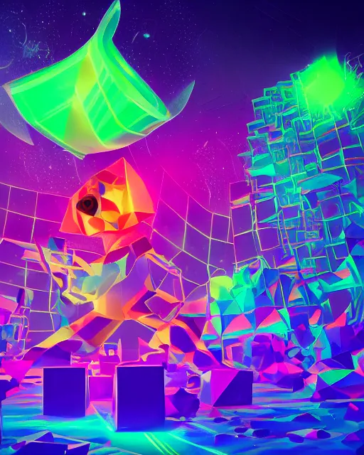 Image similar to a crowded rave for dancing furry monsters of every shape and size surrounding a neon cube tesseract impossible geometry, portal to other worlds, geometric, generative, bending space and time, at hazy dusty dusk night sky in giant epic zoological rave party, digital art trending on art station concept art