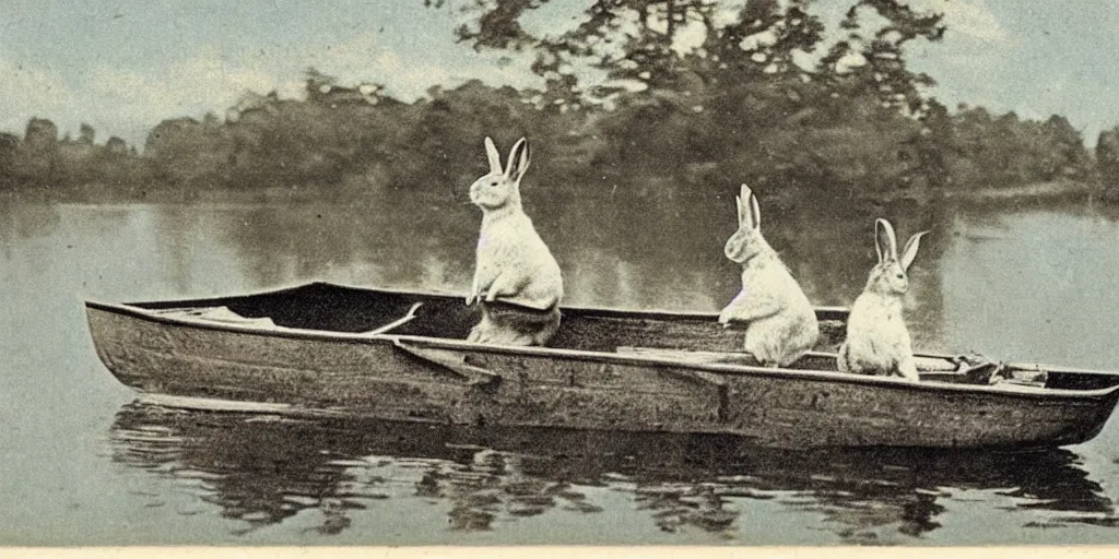 Image similar to a 1 9 1 0 s postcard representing a rabbit in a rowboat
