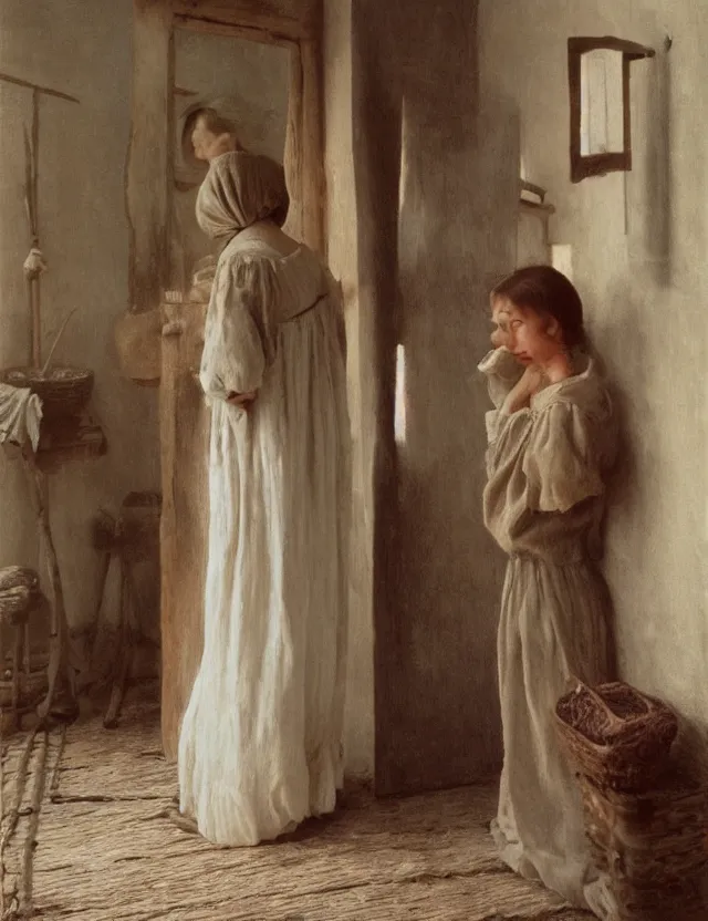 Prompt: peasant trying dress in front of a mirror, on a village, Cinematic focus, Polaroid photo, vintage, neutral colors, soft lights, foggy, by Steve Hanks, by Serov Valentin, by lisa yuskavage, by Andrei Tarkovsky 8k render, detailed, oil on canvas
