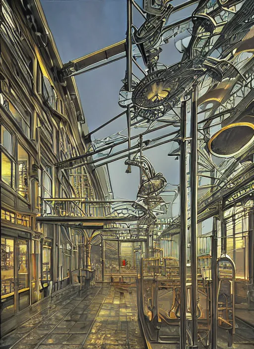 Image similar to photorealistic image of a industrial architecture, art nouveau, by chris moore