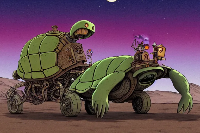 Image similar to a cell shaded cartoon of a lovecraftian mechanized turtle from howl's moving castle ( 2 0 0 4 ), on a desert road, in front of a full moon, full body, wide shot, very muted colors, post grunge, studio ghibli, laurie greasley, highly detailed, deviantart, art by artgem