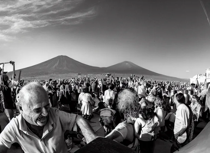 Image similar to old photo of greeks wich drink wine and have fun against the backdrop of mount vesuvius starting to erupt, photo by hunter thompson, fisheye 4, 5 mm, diffused backlight