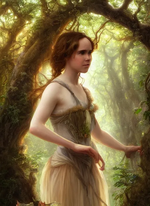 Image similar to portrait ellen page as fairy in the wood, full length shot, shining, 8k highly detailed, sharp focus, illustration, art by artgerm, mucha, bouguereau