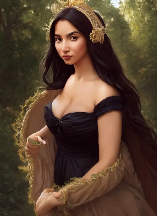 Prompt: beautiful woman with long black hair, tan skin, curvy hourglass figure, round face, cape, slight resemblance to ameera altaweel wearing a frilly disney princess dress headband, fur coat beautiful painting by artgerm and greg rutkowski lois van baarle and bouguereau